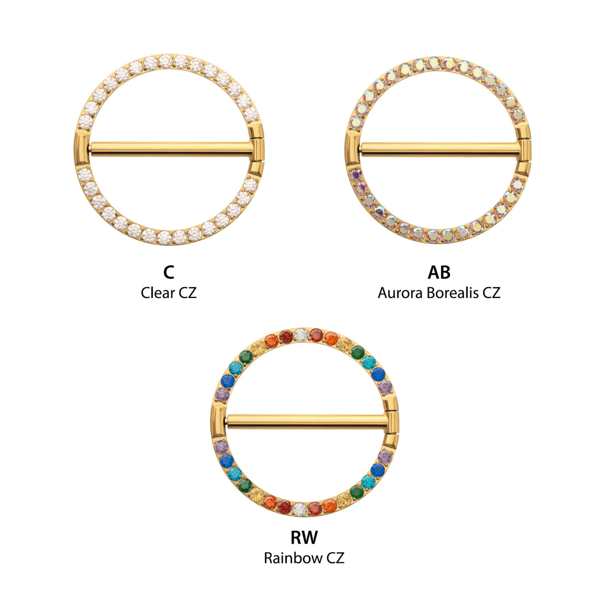 24Kt Gold PVD Titanium CNC Set Gem Nipple Ring Clicker | Sold by piece
