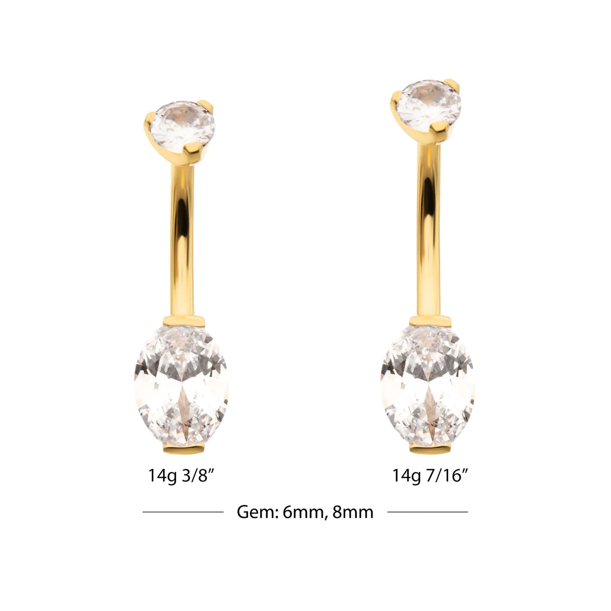 24Kt Gold PVD Titanium Internally Threaded Double Gem with Prong Set Oval Non-Dangle Navel
