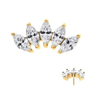24Kt Gold PVD Titanium Threadless with Prong Set Marquise CZ 5-Cluster Top