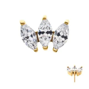 24Kt Gold PVD Titanium Threadless with Prong Set Marquise CZ 3-Cluster Top
