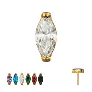 24KT Gold PVD Titanium Threadless Double V-Prong 4mm Marquise CZ Gem Top