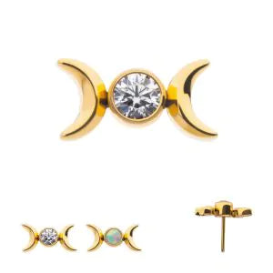 Titanium Threadless Bezel Set Round Gem/Opal Triple Moon Phase Top