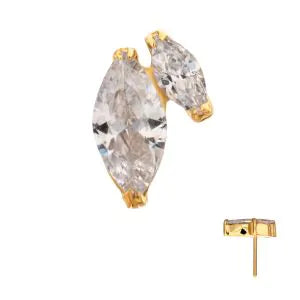 24Kt Gold PVD Titanium Threadless V-Prong Dual Marquise CZ Gem Top