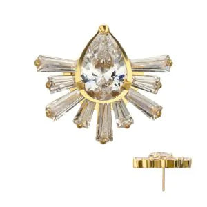 24Kt Gold PVD Titanium Threadless Teardrop & Baguette Cluster Gem Sunray Top