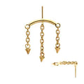 24Kt Gold PVD Titanium Threadless Vertical Helix Curved Bar Top with 3 Spiked Chain Dangle