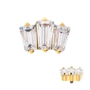 24Kt Gold PVD Titanium Internally Threaded Prong Set Baguette CZ 3-Cluster Top