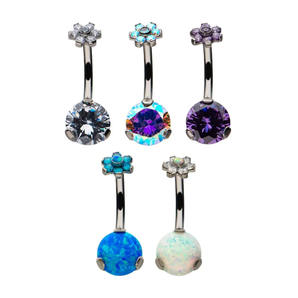 Titanium Internally Threaded with Prong Set AAA CZ & Synthetic Opal Flower Top and Round Bottom Non-Dangle Navel