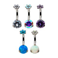 Titanium Internally Threaded with Prong Set AAA CZ & Synthetic Opal Flower Top and Round Bottom Non-Dangle Navel