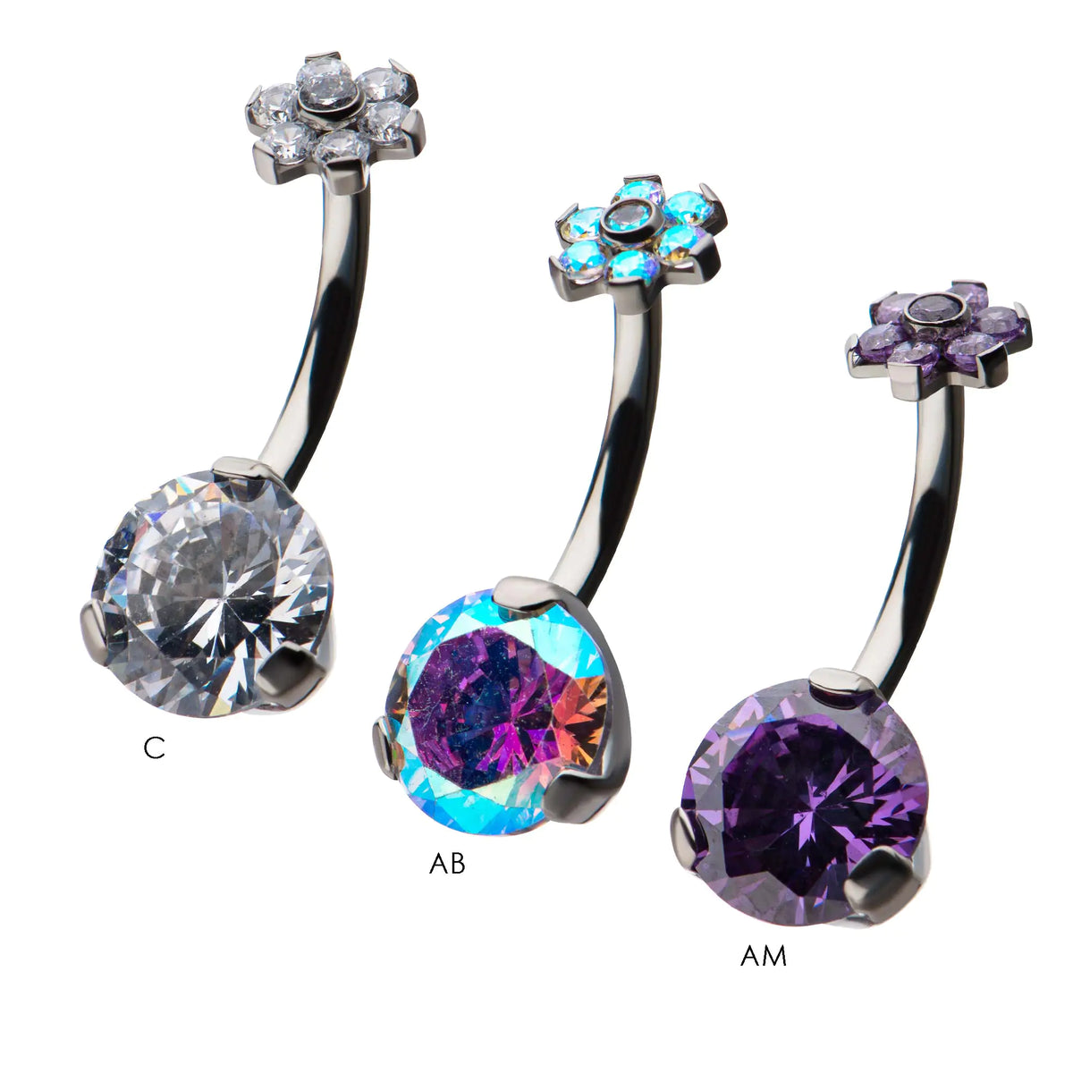 Titanium Internally Threaded with Prong Set AAA CZ & Synthetic Opal Flower Top and Round Bottom Non-Dangle Navel