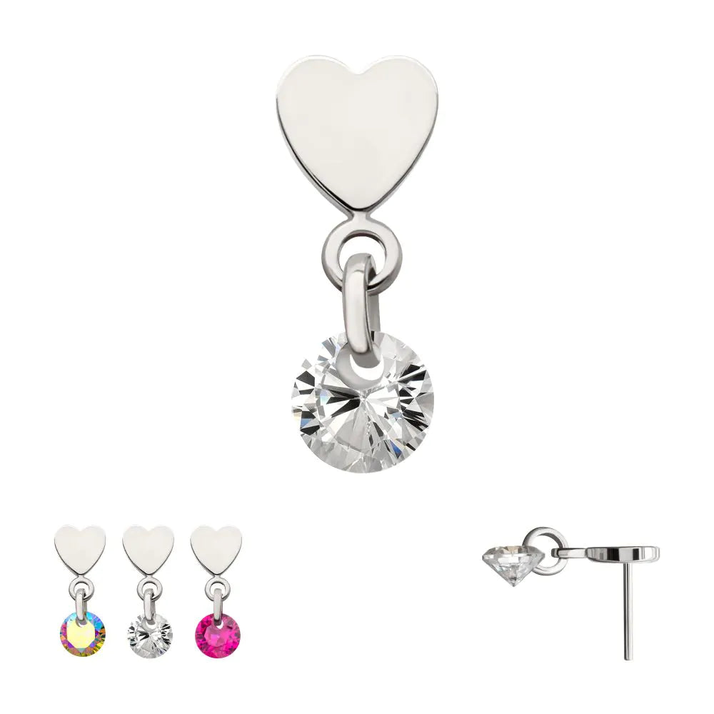 Platinum PVD Titanium Threadless Flat Heart Top with Floating CZ Gem Dangle