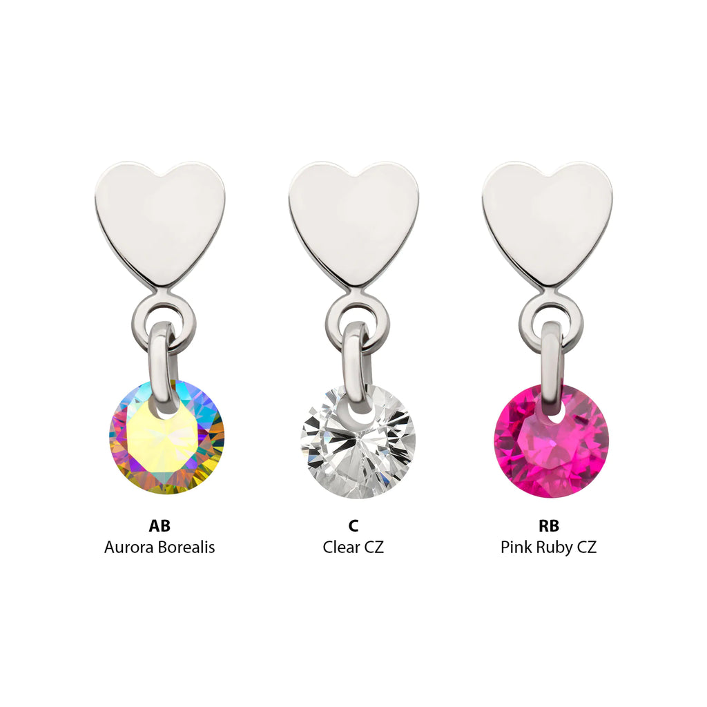 Platinum PVD Titanium Threadless Flat Heart Top with Floating CZ Gem Dangle