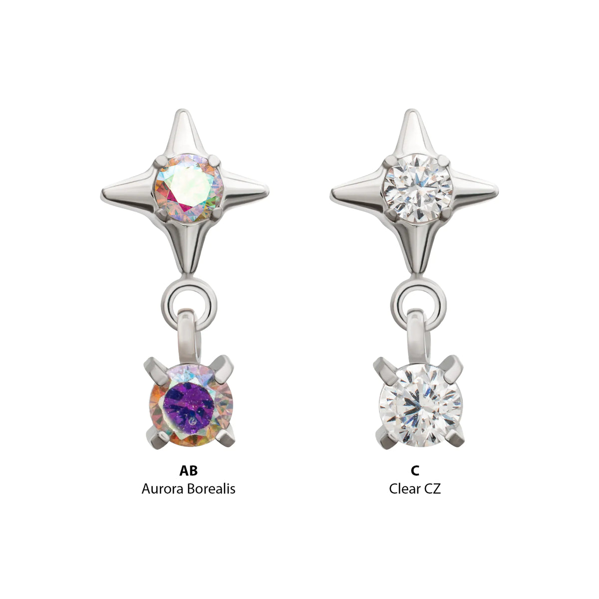 Platinum PVD Titanium Threadless Celestial Star Top with Prong Set CZ Gem Dangle