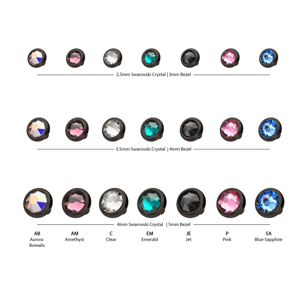 14g Black PVD PVD Titanium Internally Threaded Low Profile Bezel Set Swarovski Crystal Dermal Top