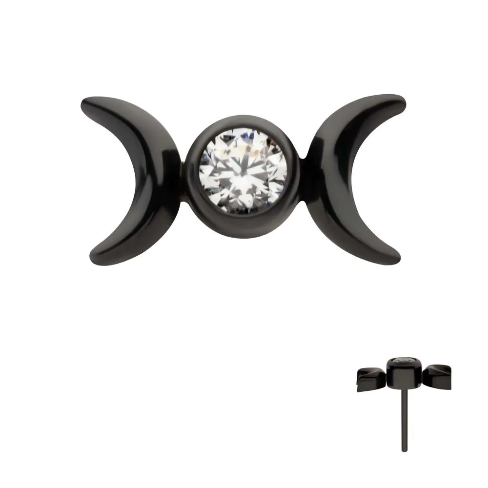Black PVD Titanium Threadless Bezel Set CZ Triple Moon Phase Top