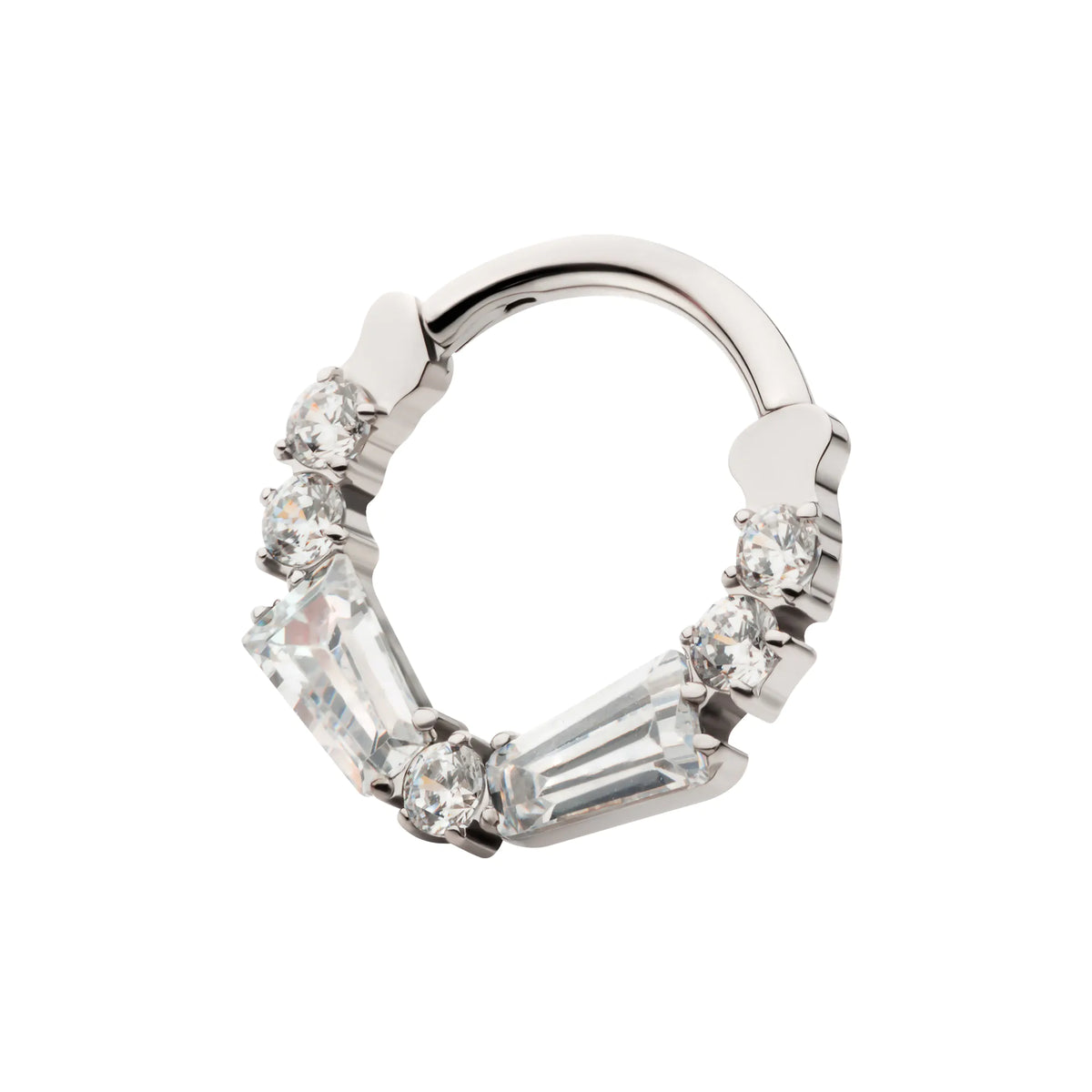 Titanium Clustered Prong Set Baguette & Round CZ Front Facing Hinged Segment Clicker