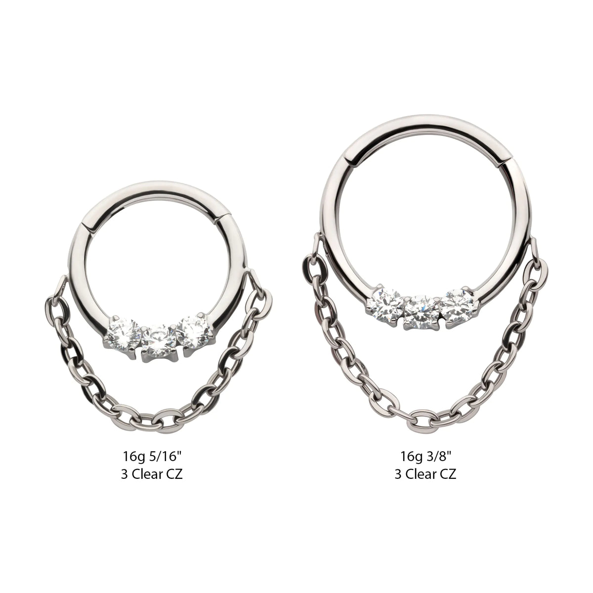 Titanium 3-Cluster Prong Set Round CZ Front Facing Hinged Segment Clicker with Dangle Chain