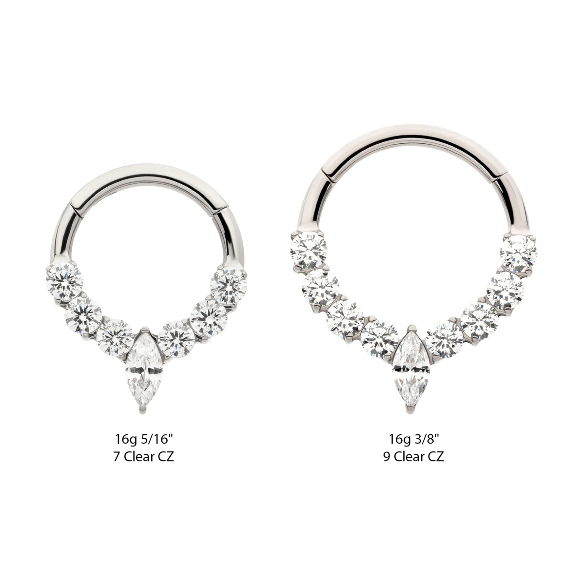 Titanium Clustered Prong Set Round CZ with Center Marquise CZ Front Facing Hinged Segment Clicker