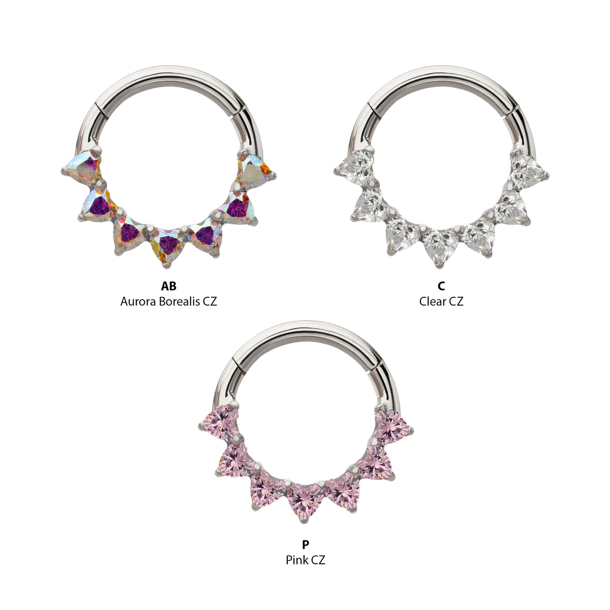 Titanium Seven Heart-Cut Gem Front Facing Hinged Segment Clicker