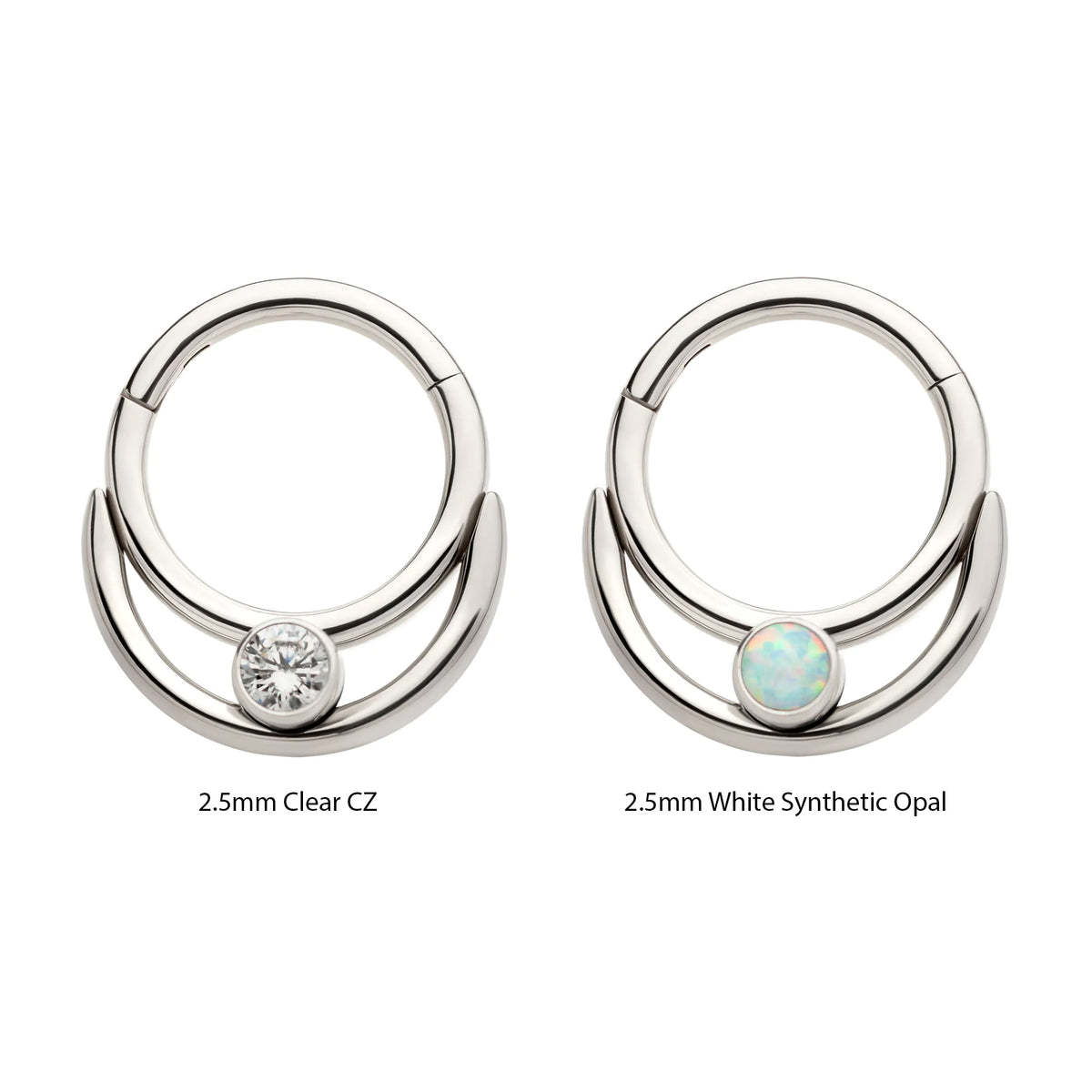 Titanium Double Hoop with Round Bezel Set Gem/Opal Front Facing Hinged Segment Clicker