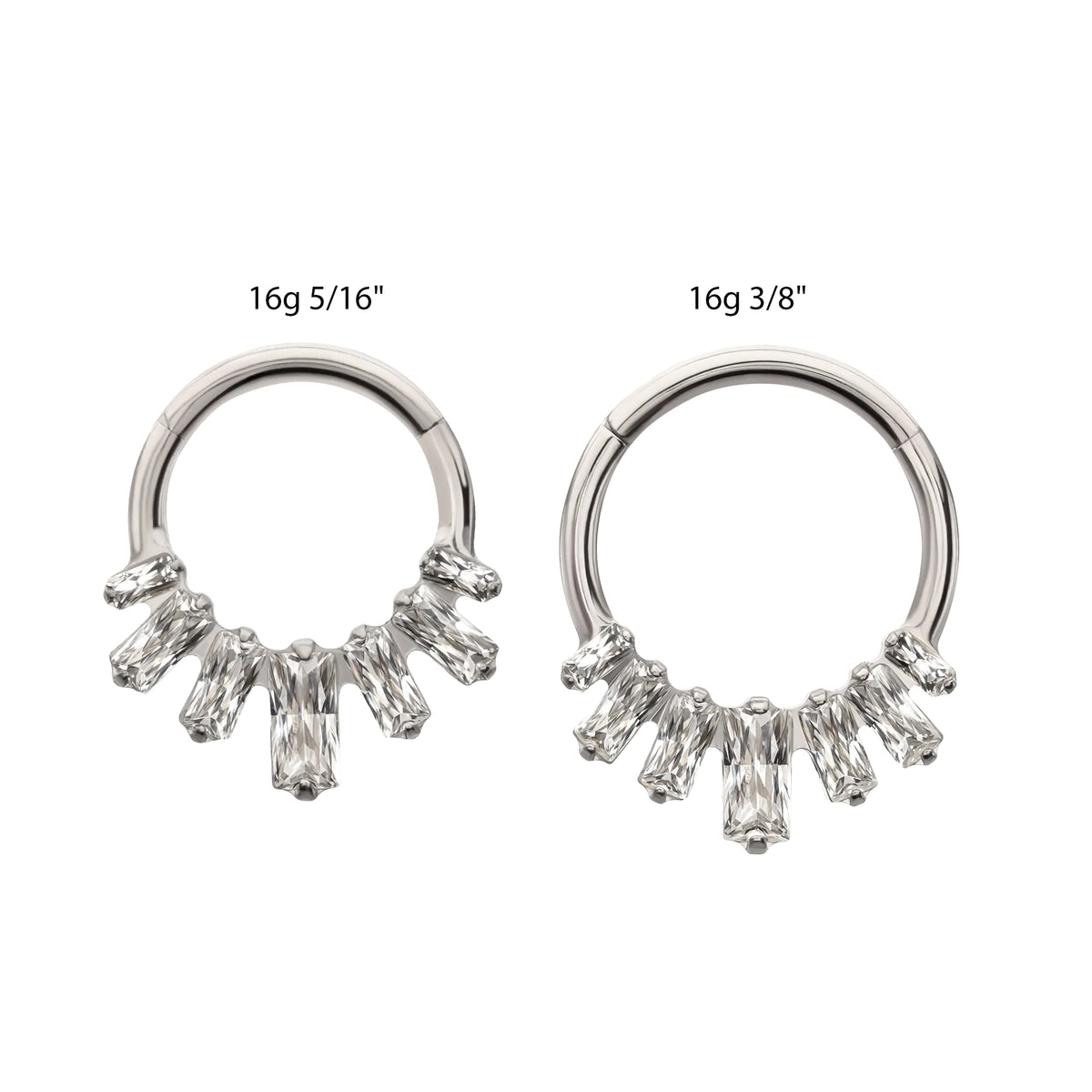 Titanium 7-Baguette Prong Set Gem Fan Cluster Front Facing Hinged Segment Clicker