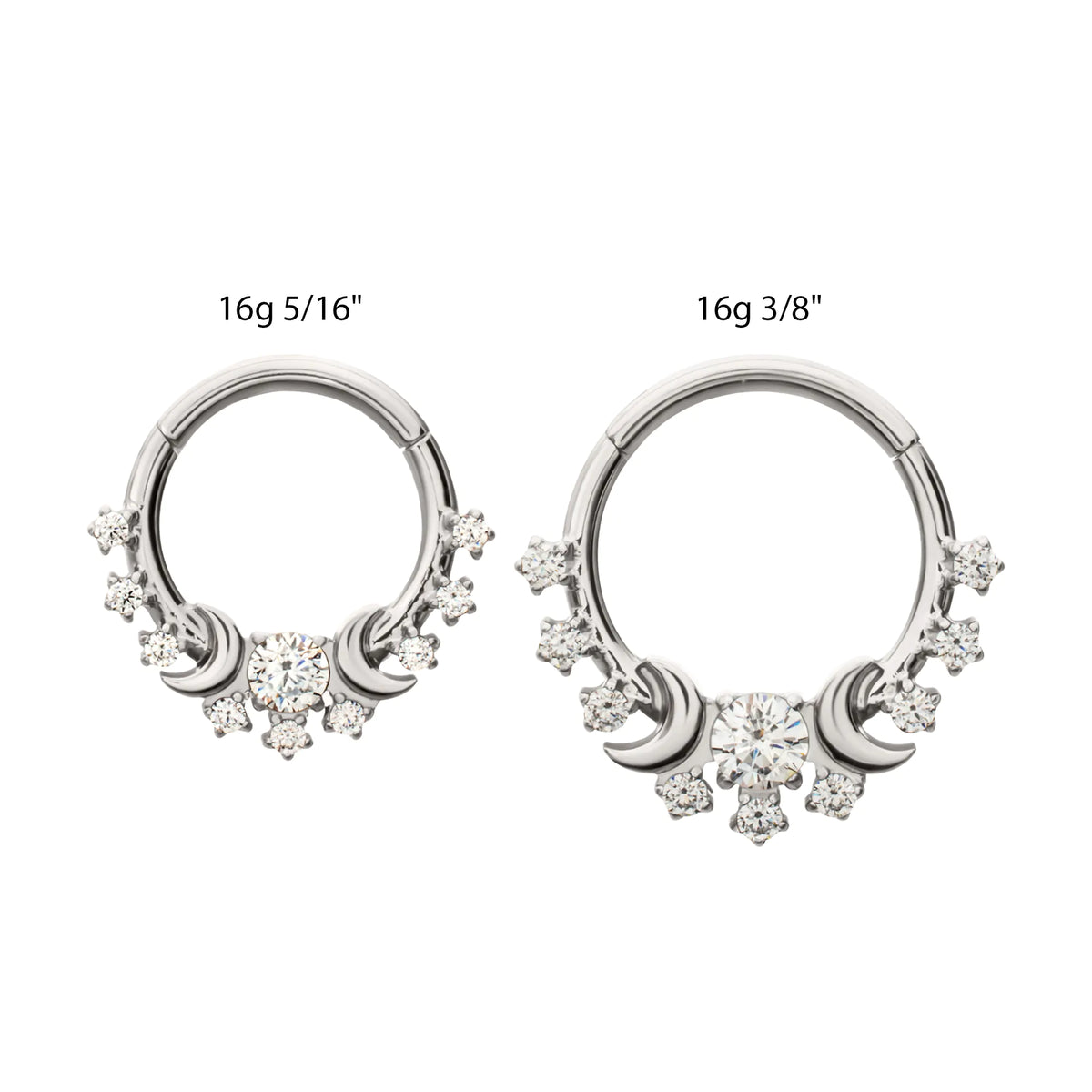 Titanium Triple Moon Phase with Prong Set Gem Cluster Front Facing Hinged Segment Clicker