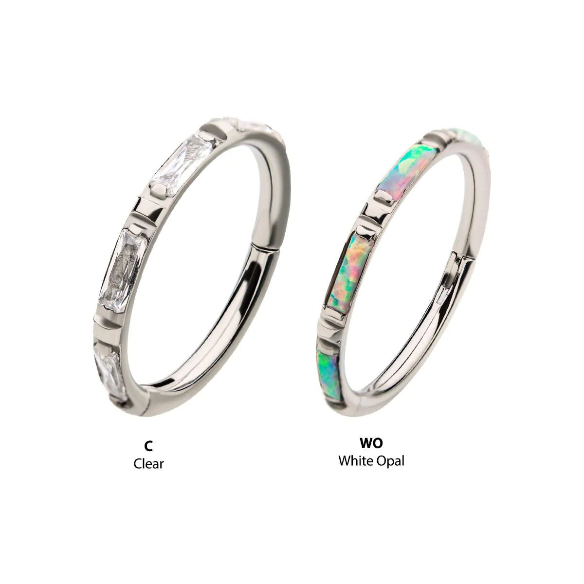 Titanium with Baguette CZ/Synthetic Opal Side Facing Hinged Segment Clicker