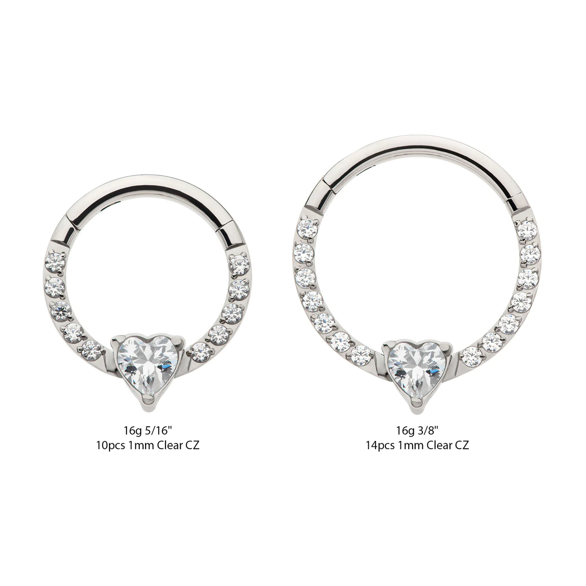 Titanium with 1mm CNC Set Full Clear CZ & Big Heart CZ Front Facing Hinged Segment Clicker