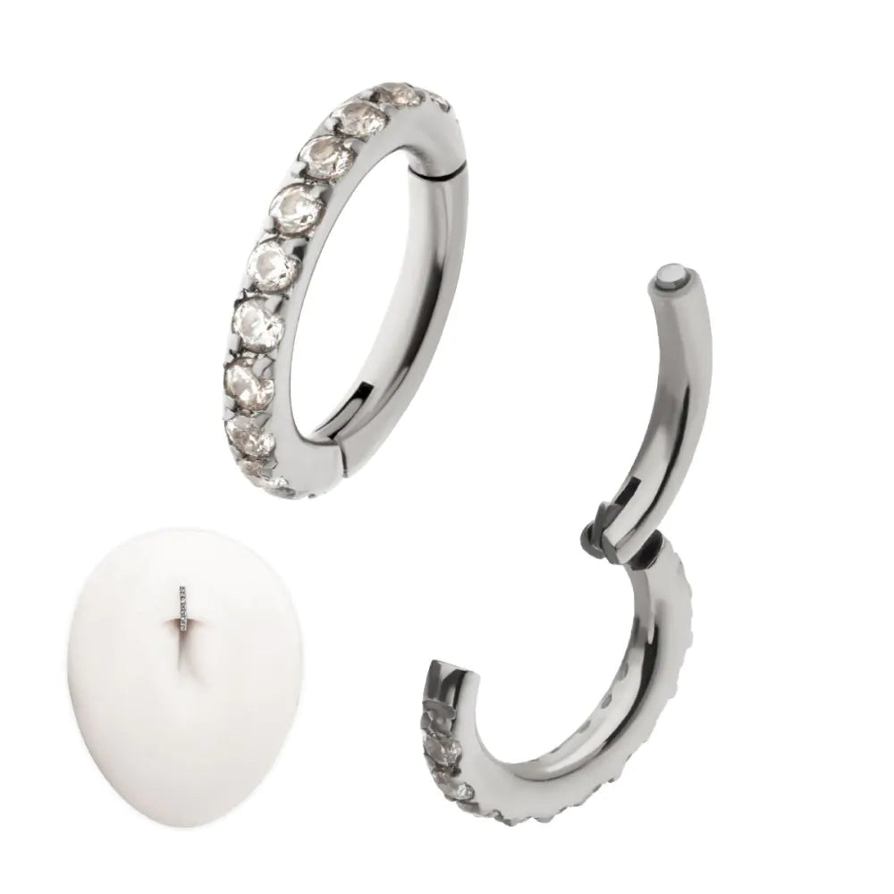 14g Titanium Oval Shape with CNC Set Full Clear CZ Hinged Segment Clicker (for Navel Piercing)