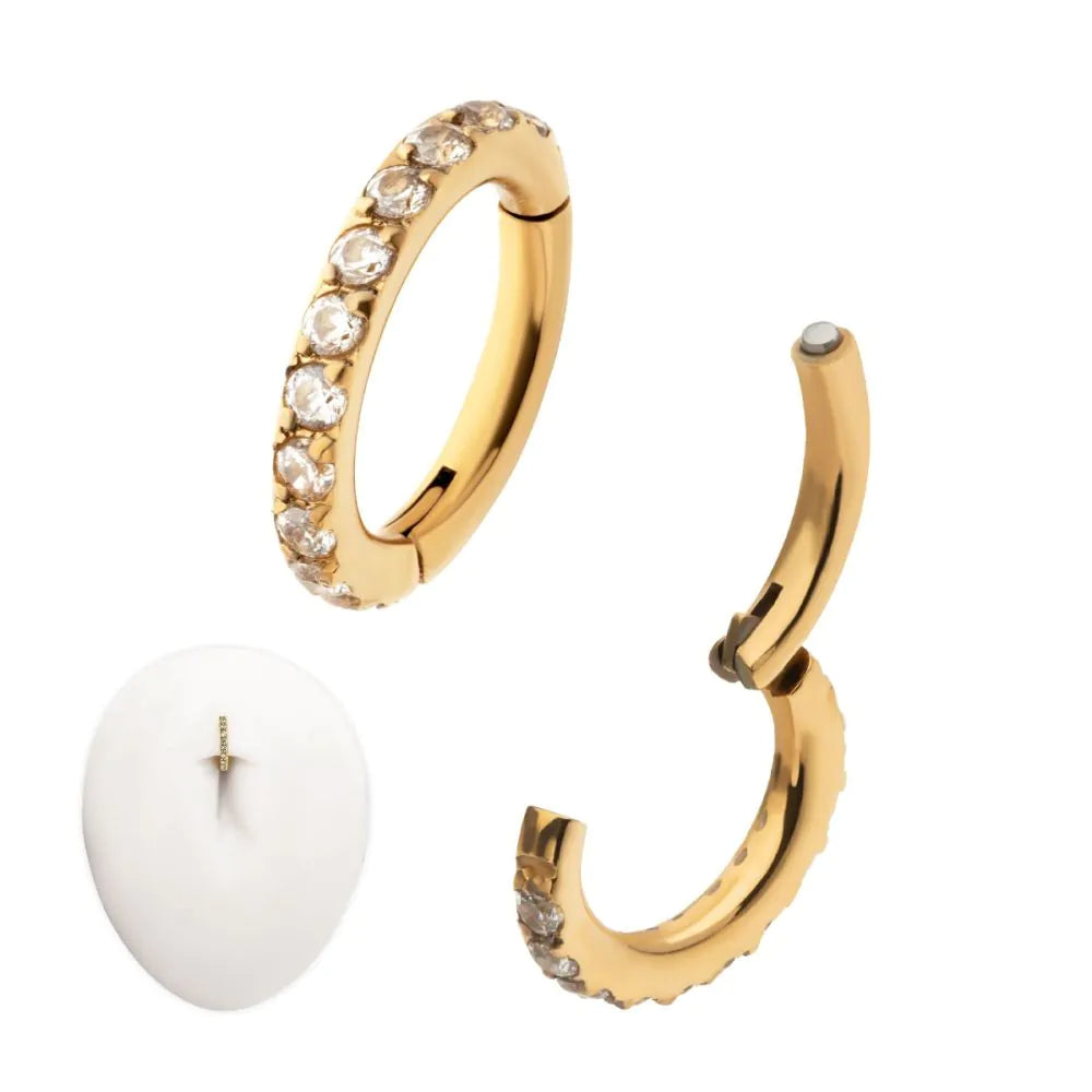14g 24Kt Gold PVD Titanium Oval Shape with CNC Set Full Clear CZ Hinged Segment Clicker (for Navel Piercing)