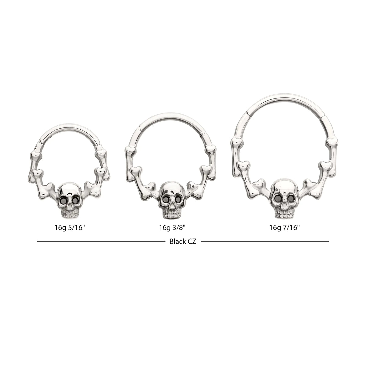 Titanium Skull & Bone with Black CZ Gem Eyes Front Facing Hinged Segment Clicker