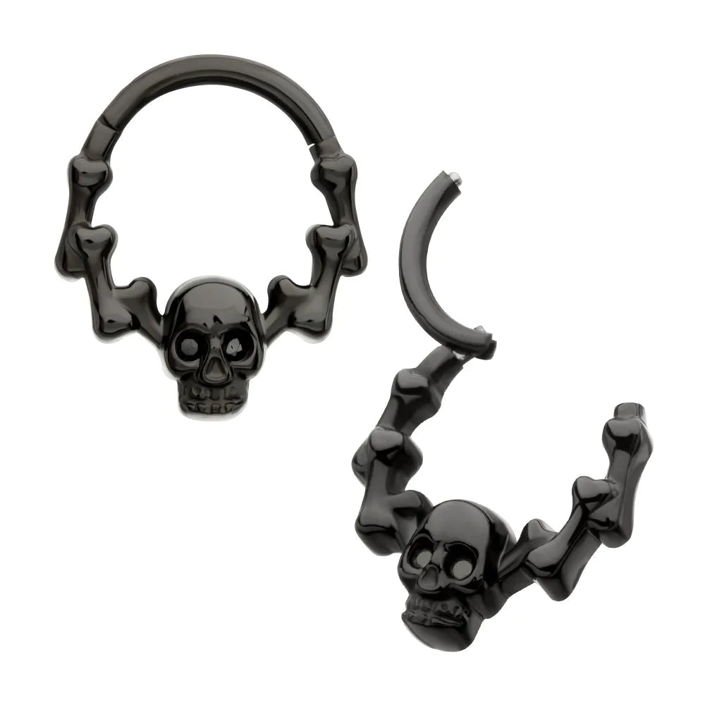 Black PVD Titanium Skull & Bone with Black CZ Gem Eyes Front Facing Hinged Segment Clicker