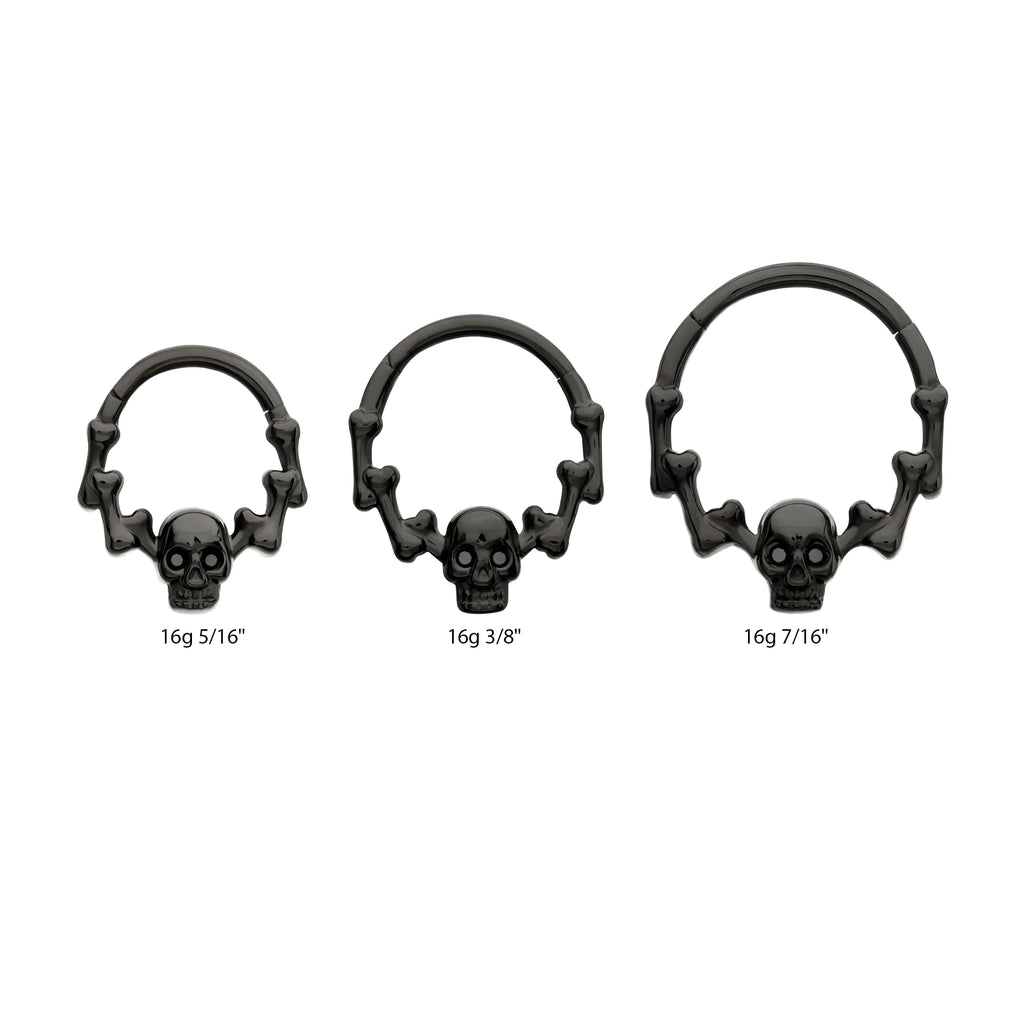 Black PVD Titanium Skull & Bone with Black CZ Gem Eyes Front Facing Hinged Segment Clicker