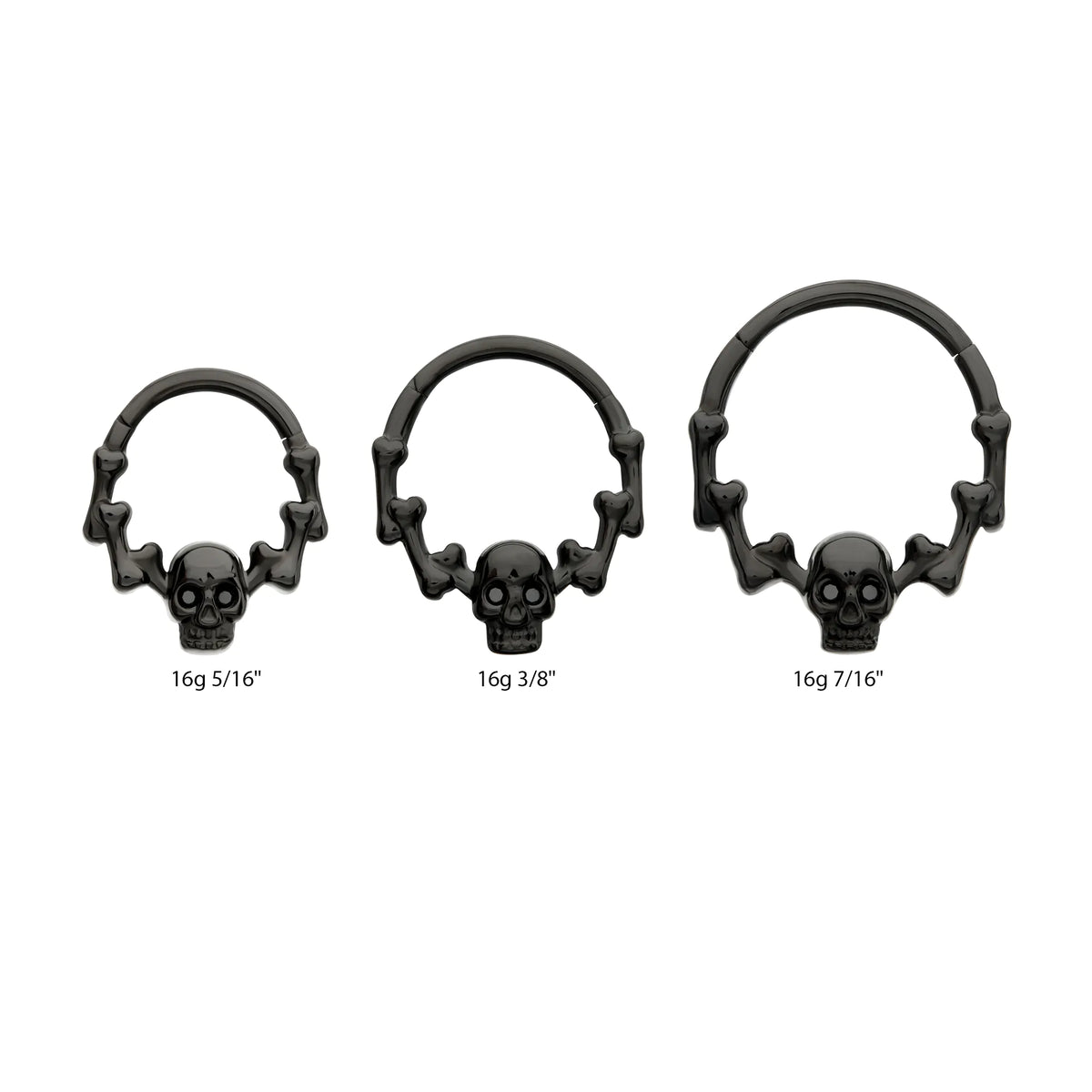 Black PVD Titanium Skull & Bone with Black CZ Gem Eyes Front Facing Hinged Segment Clicker