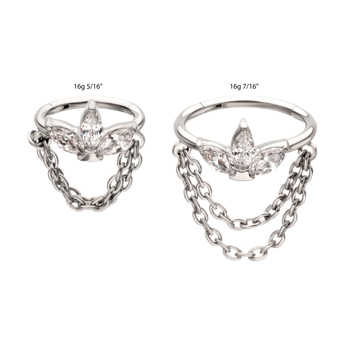 Titanium Triple Marquise Gem Cluster Hoop with 2-Tier Chain Dangle Hinged Segment Clicker