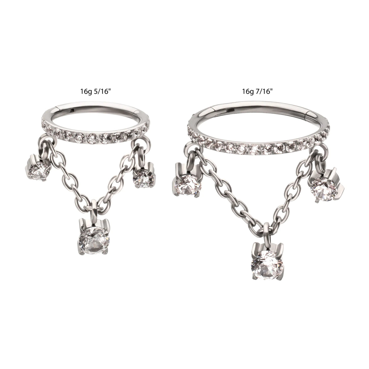 Titanium Pave Gem Hoop with Three Prong Set Gem Chain Dangle Hinged Segment Clicker