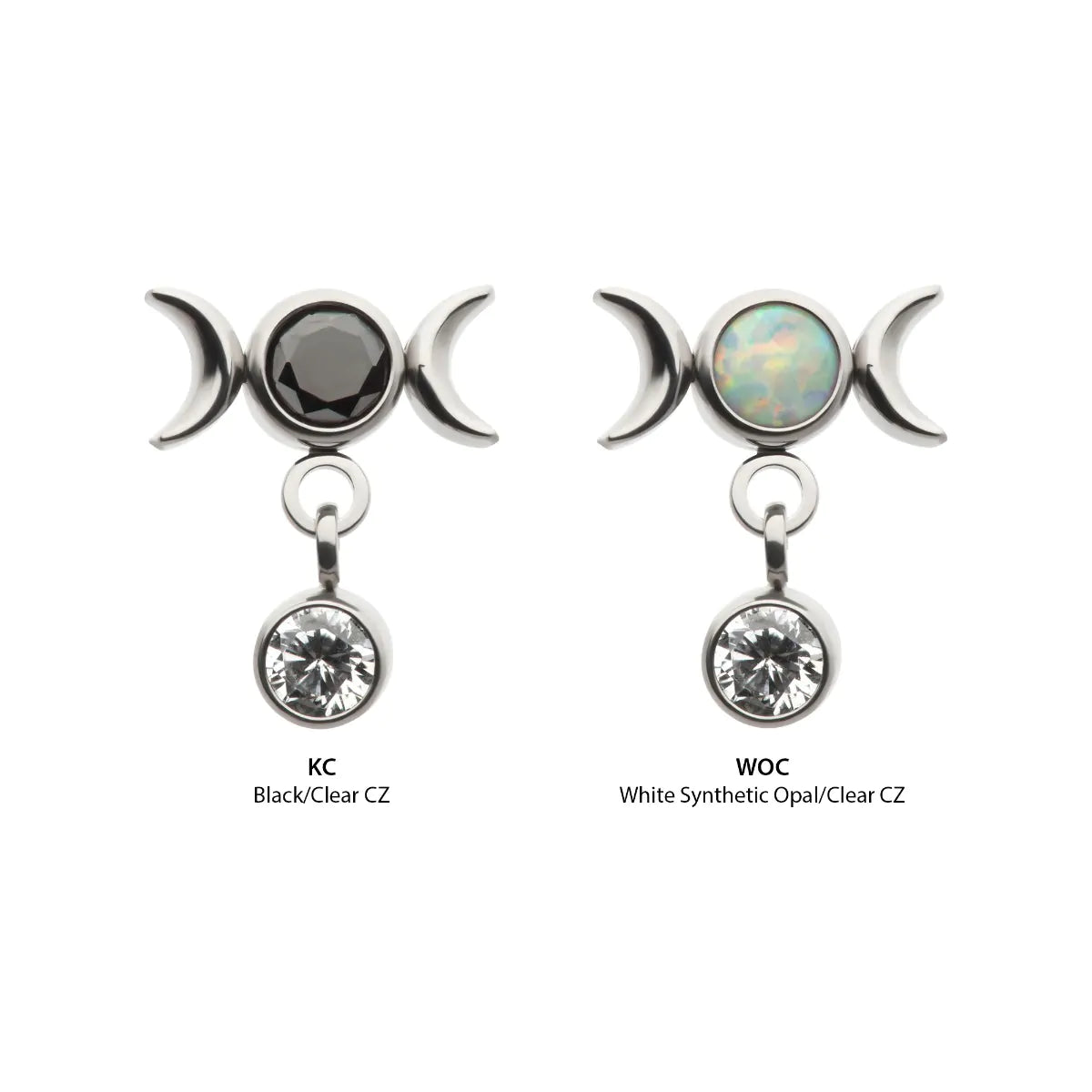 Titanium Internally Threaded Dangle Bezel Round CZ Triple Moon Phase Gem Top