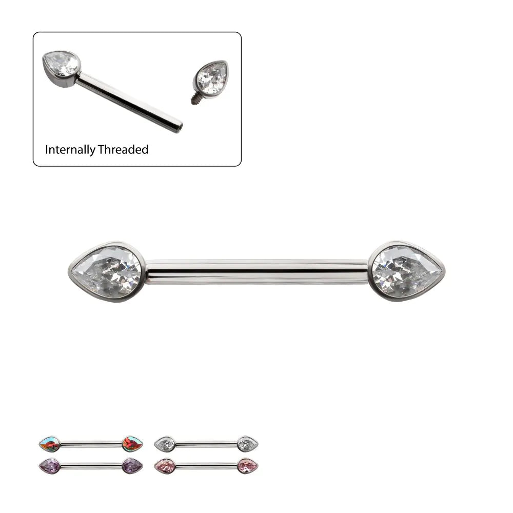 Titanium Bezel Set Teardrop Gem End Nipple Barbell (One Side Fixed, One Side Internally Threaded)