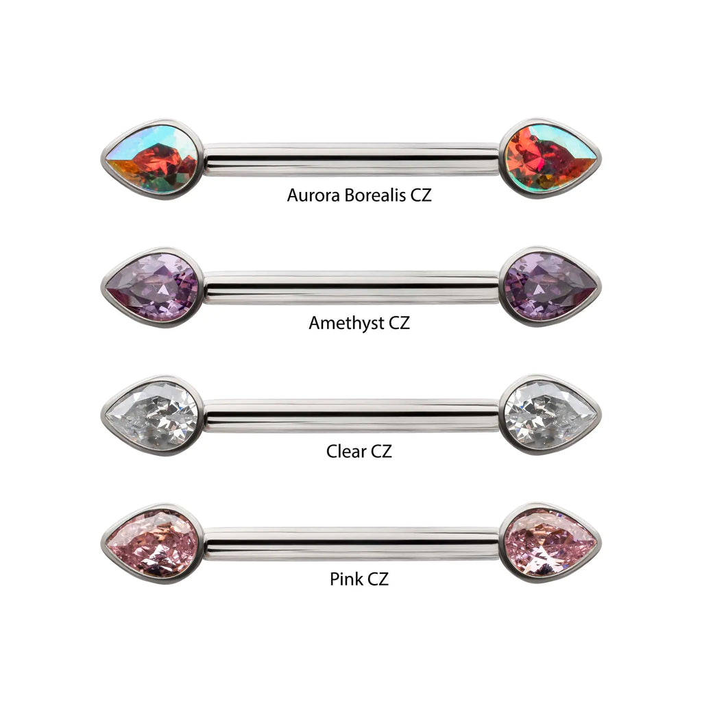 Titanium Bezel Set Teardrop Gem End Nipple Barbell (One Side Fixed, One Side Internally Threaded)
