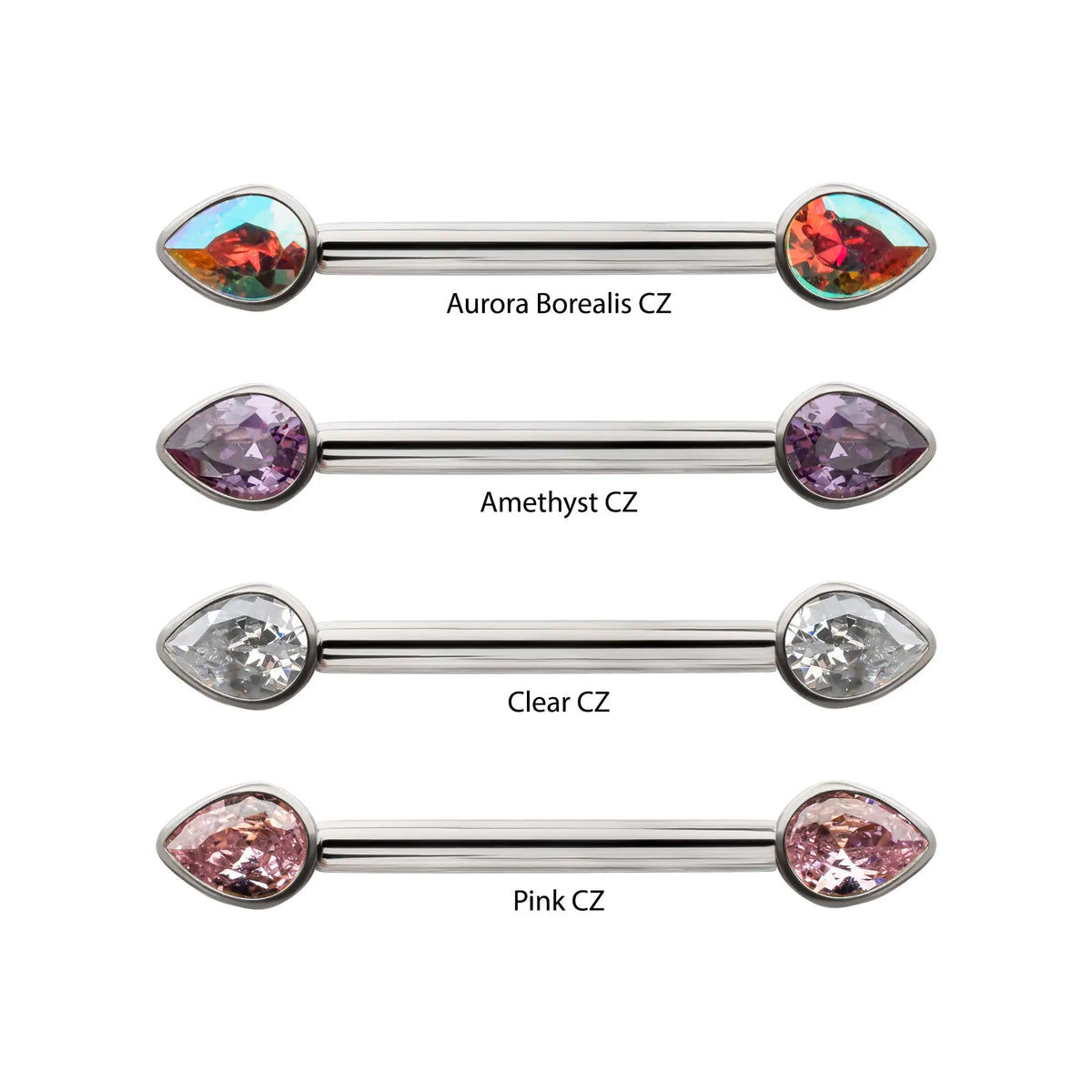 Titanium Bezel Set Teardrop Gem End Nipple Barbell (One Side Fixed, One Side Internally Threaded)