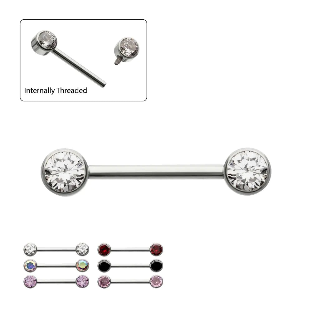 Titanium Bezel Set Gem End Nipple Barbell (One Side Fixed, One Side Internally Threaded) | Sold by piece