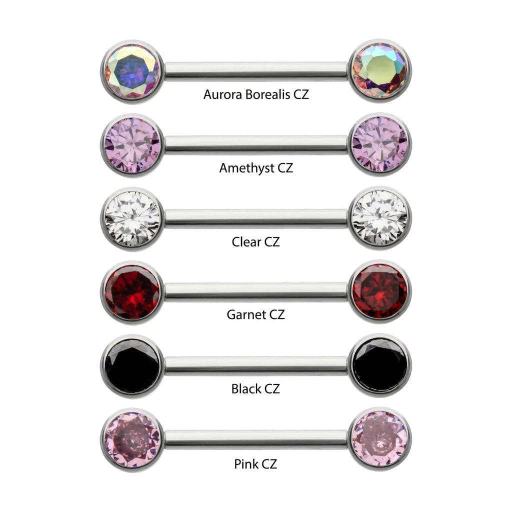 Titanium Bezel Set Gem End Nipple Barbell (One Side Fixed, One Side Internally Threaded) | Sold by piece