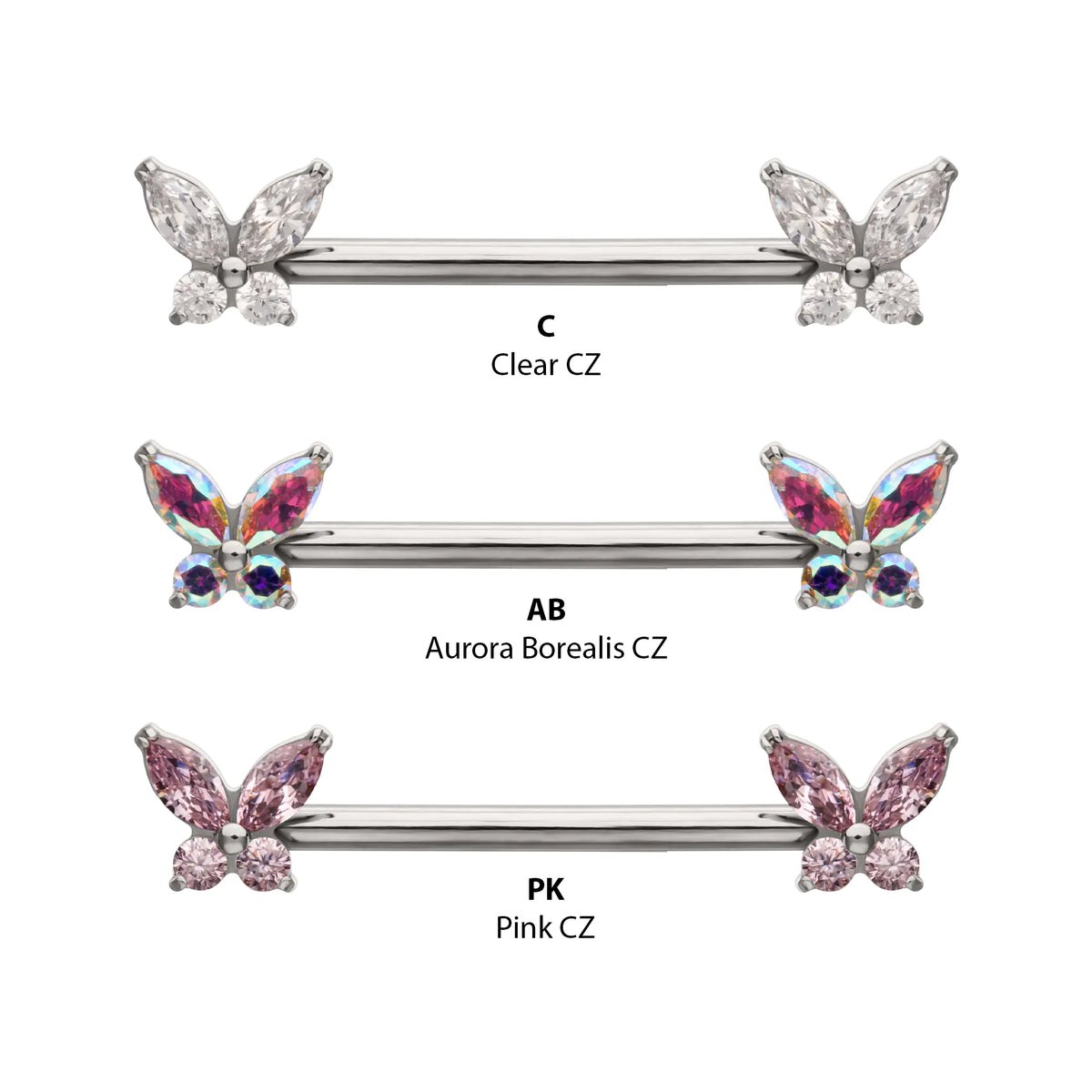 Titanium Internally Threaded Prong Set Butterfly CZ Gem End Nipple Barbell (One Side Fixed, One Side Internally Threaded)