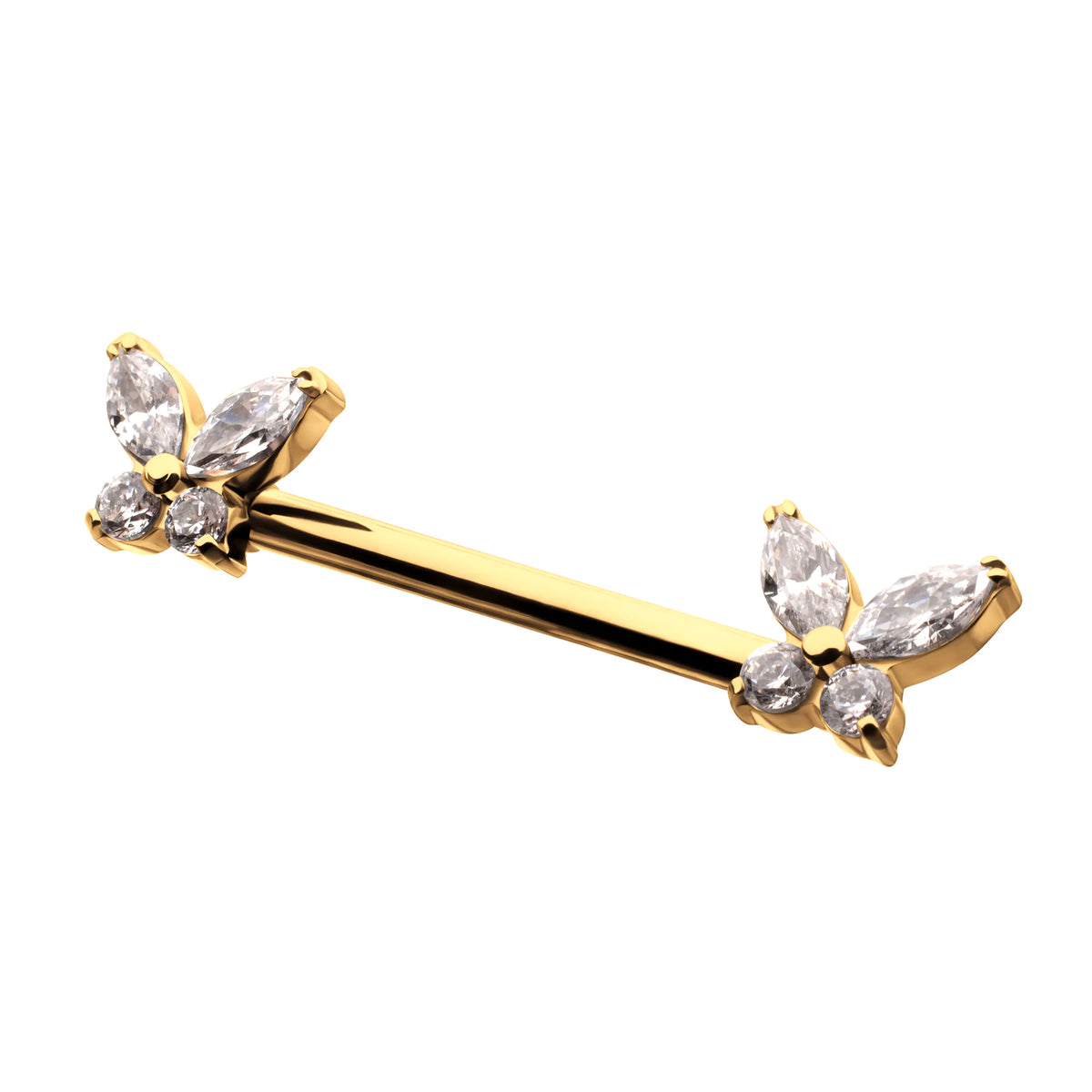 24Kt Gold PVD Titanium Internally Threaded Prong Set Butterfly CZ Gem End Nipple Barbell (One Side Fixed, One Side Internally Threaded) | Sold by piece