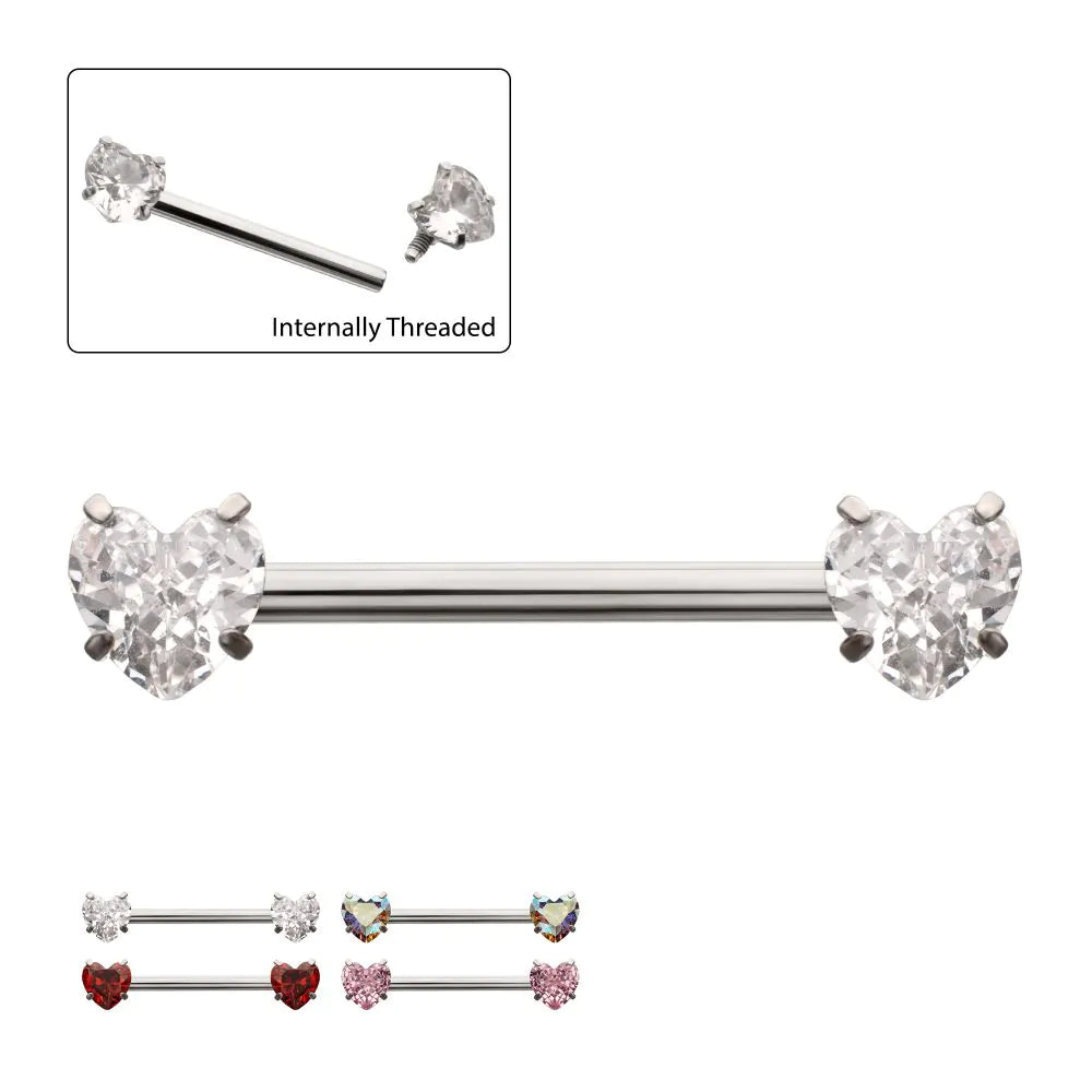 Titanium Internally Threaded Prong Set Heart CZ Gem End Nipple Barbell (One Side Fixed, One Side Internally Threaded)