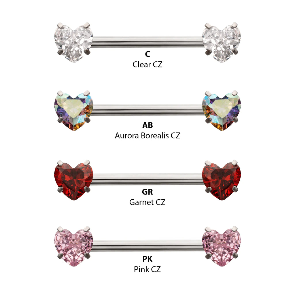 Titanium Internally Threaded Prong Set Heart CZ Gem End Nipple Barbell (One Side Fixed, One Side Internally Threaded)