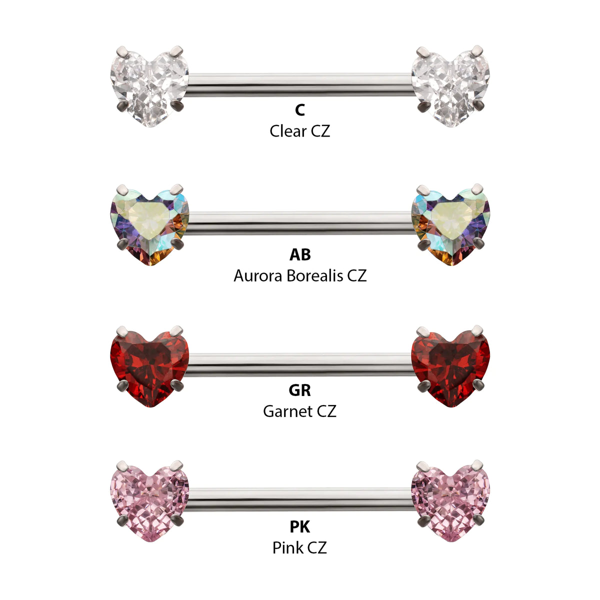 Titanium Internally Threaded Prong Set Heart CZ Gem End Nipple Barbell (One Side Fixed, One Side Internally Threaded)