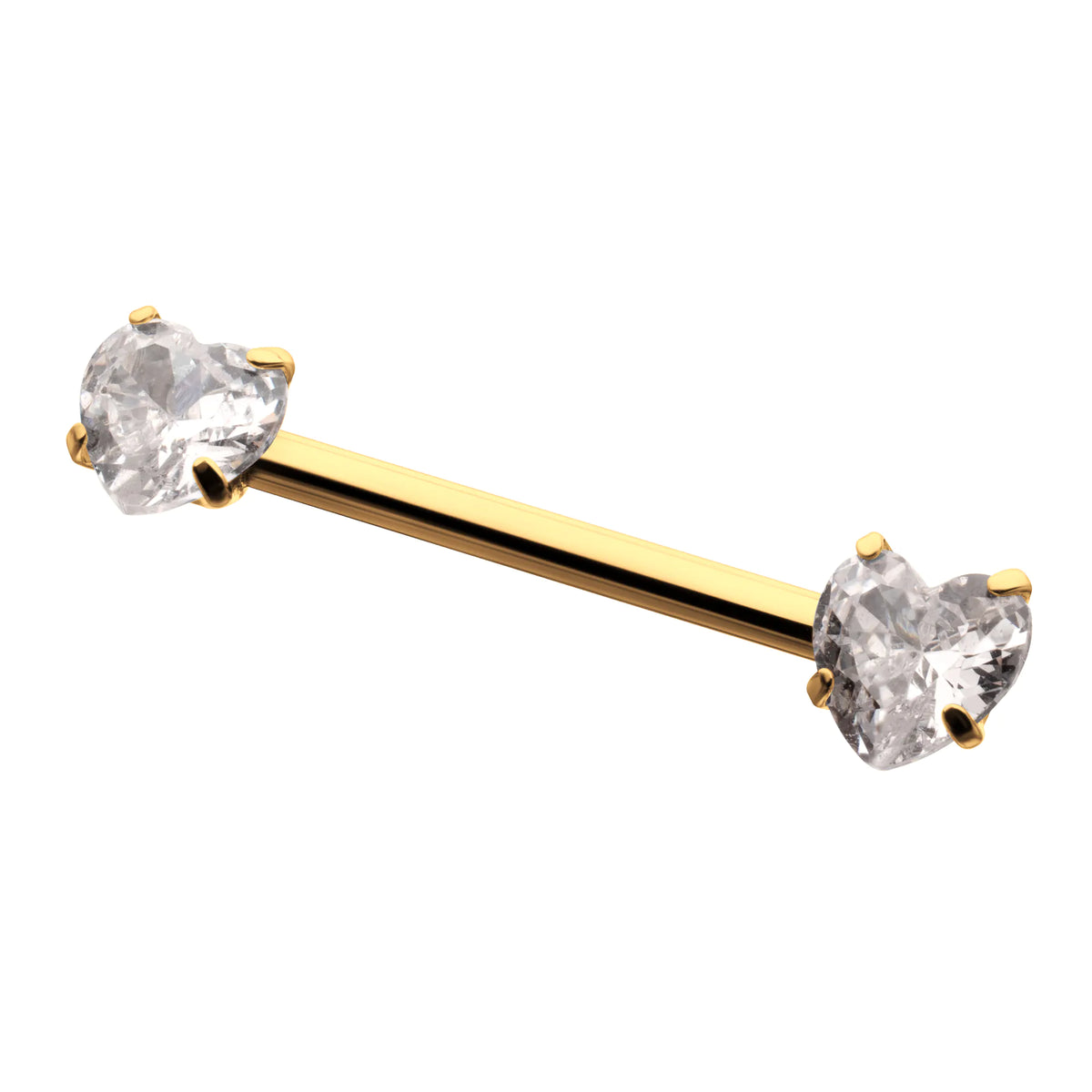24Kt Gold PVD Titanium Internally Threaded Prong Set Heart CZ Gem End Nipple Barbell (One Side Fixed, One Side Internally Threaded) | Sold by piece