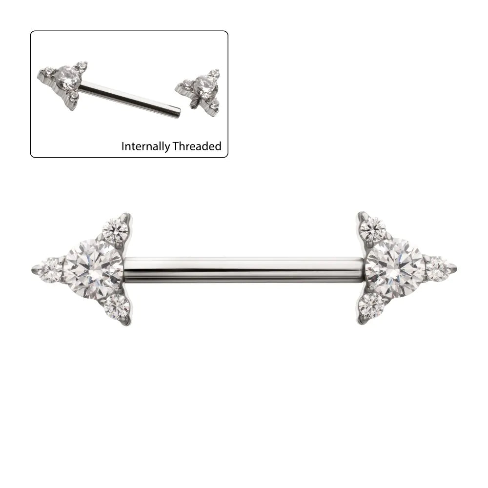 Titanium Internally Threaded Prong Set CZ Gem Triangle Shape End Nipple Barbell (One Side Fixed, One Side Internally Threaded)
