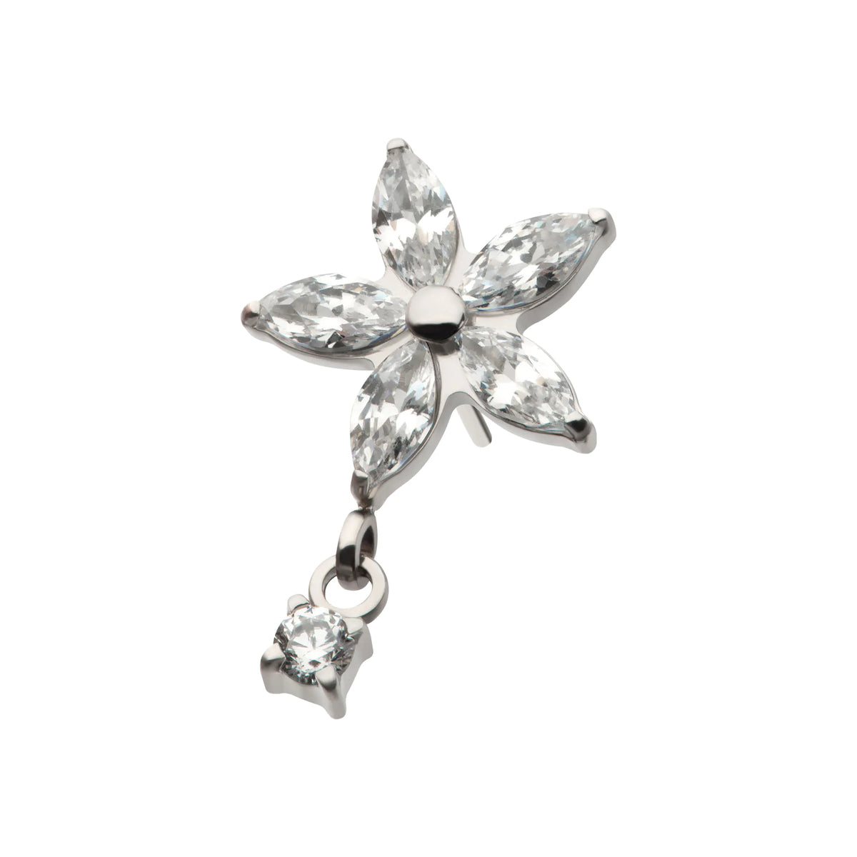 Titanium Threadless 5 Marquise CZ Flower Shape Top with Dangle Prong Set Round CZ