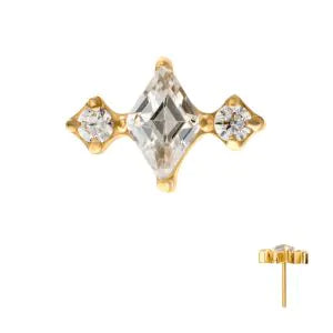 24KT Gold PVD Titanium Threadless 3-Cluster Top with Prong Set Round & Rhombus Gem
